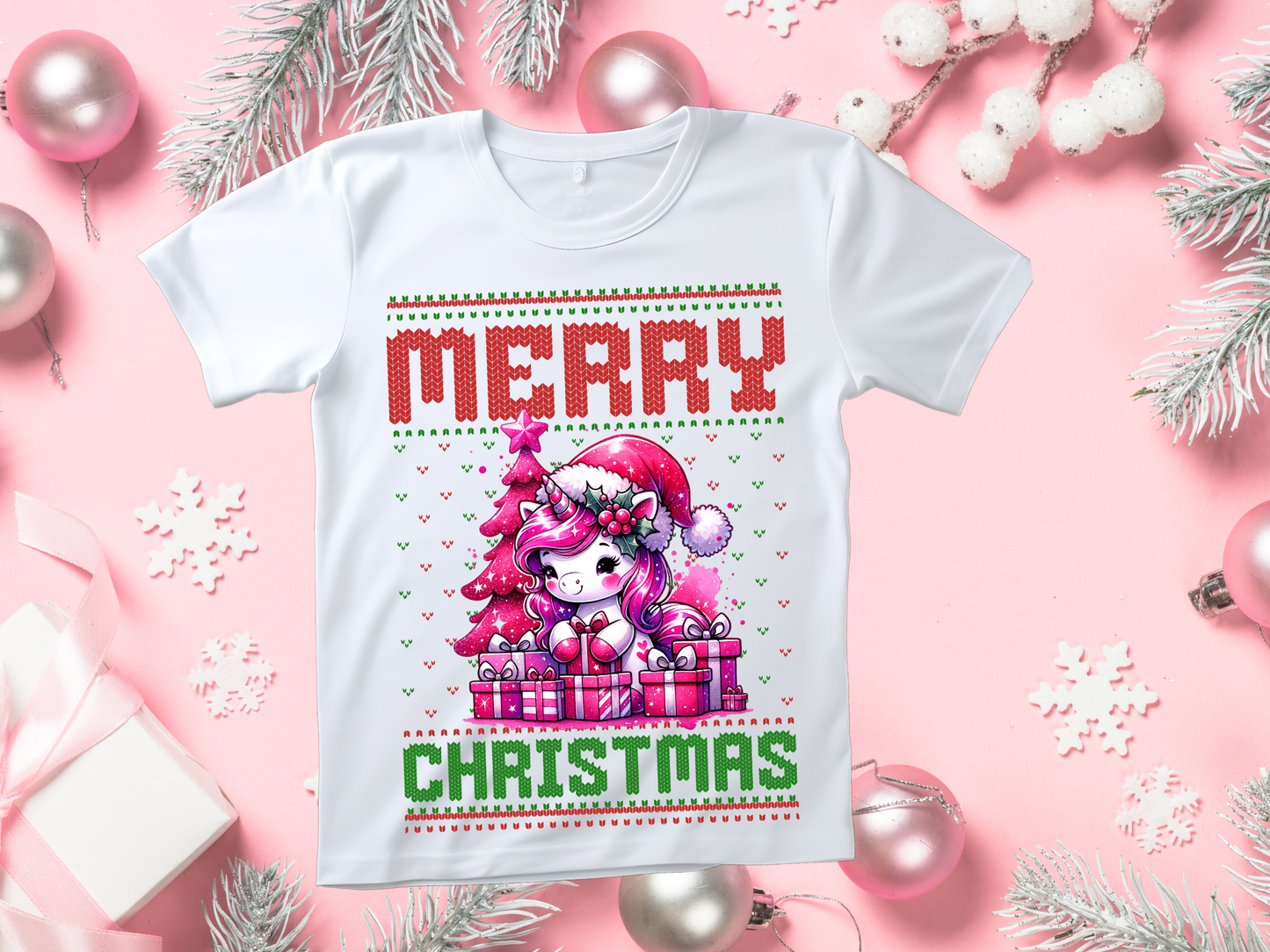 Camiseta Pony rosa feliz navidad