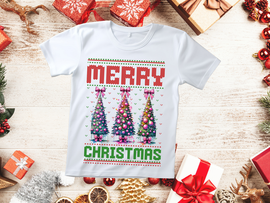 Camiseta rosa con árboles de Navidad