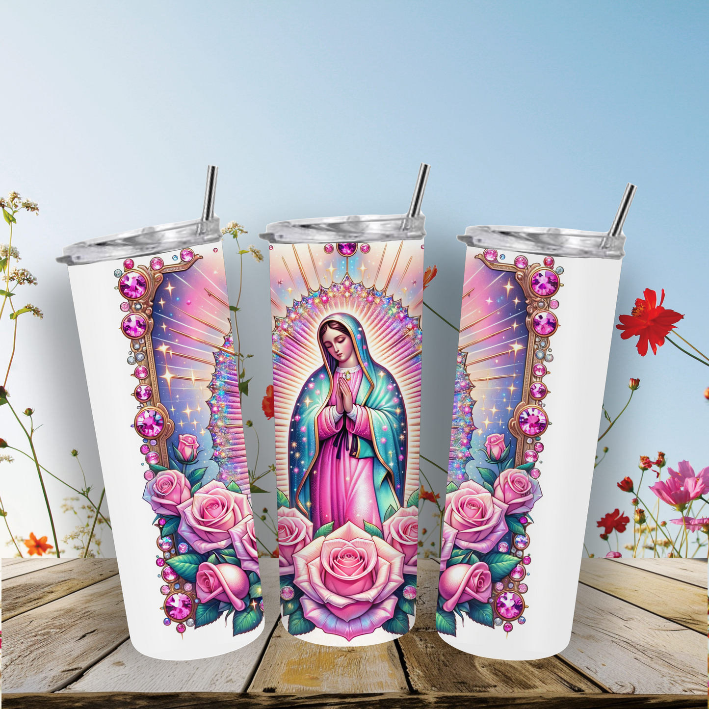 Pink Roses Virgen Maria Tumbler