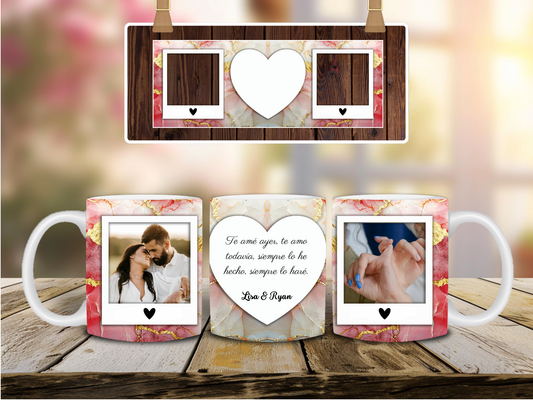 Taza personalizada con foto Polaroid en forma de corazón