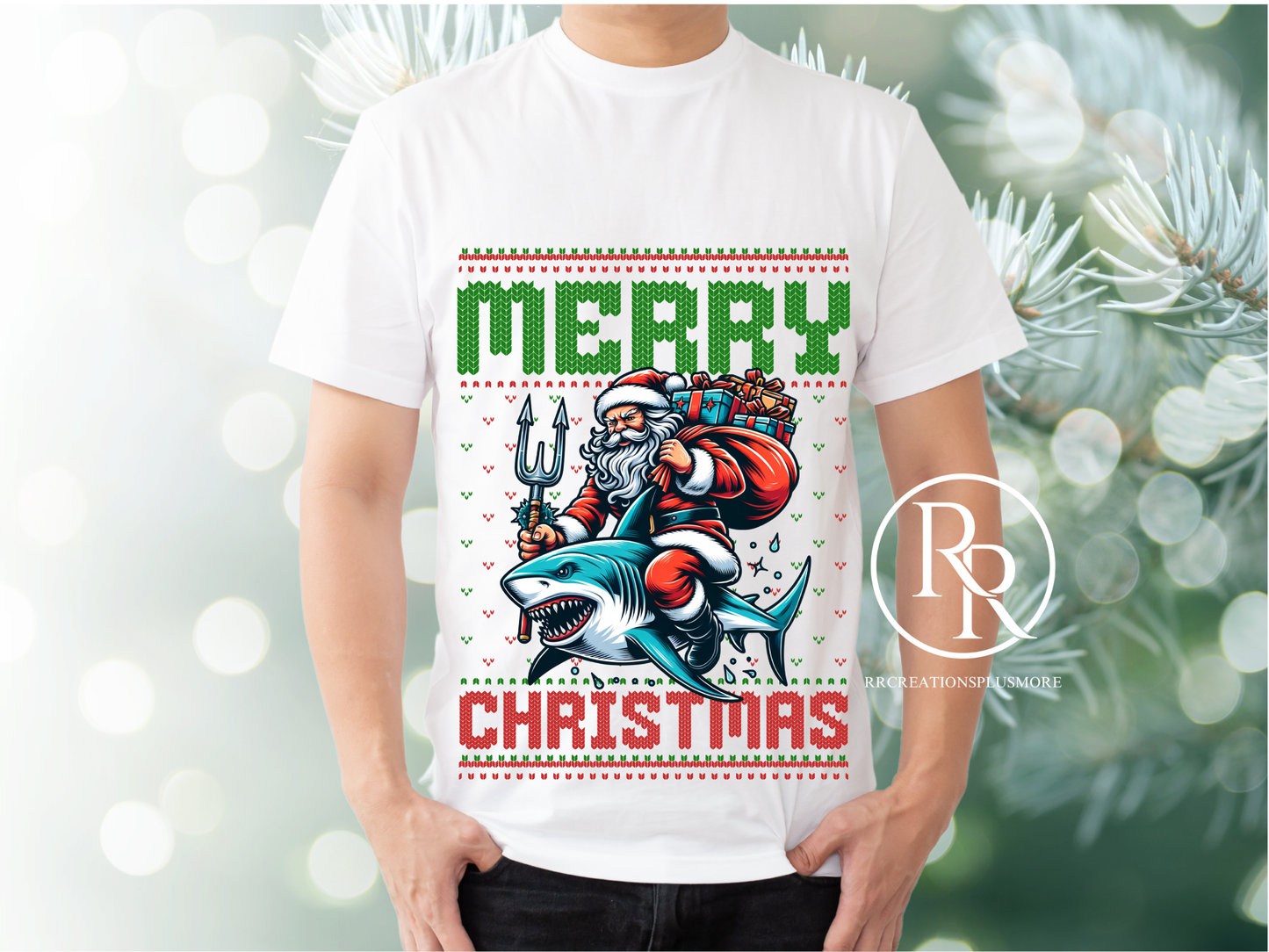 Camiseta navideña con el tiburón feliz