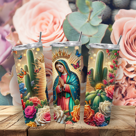 Vaso Virgen María Rosas y Cactus