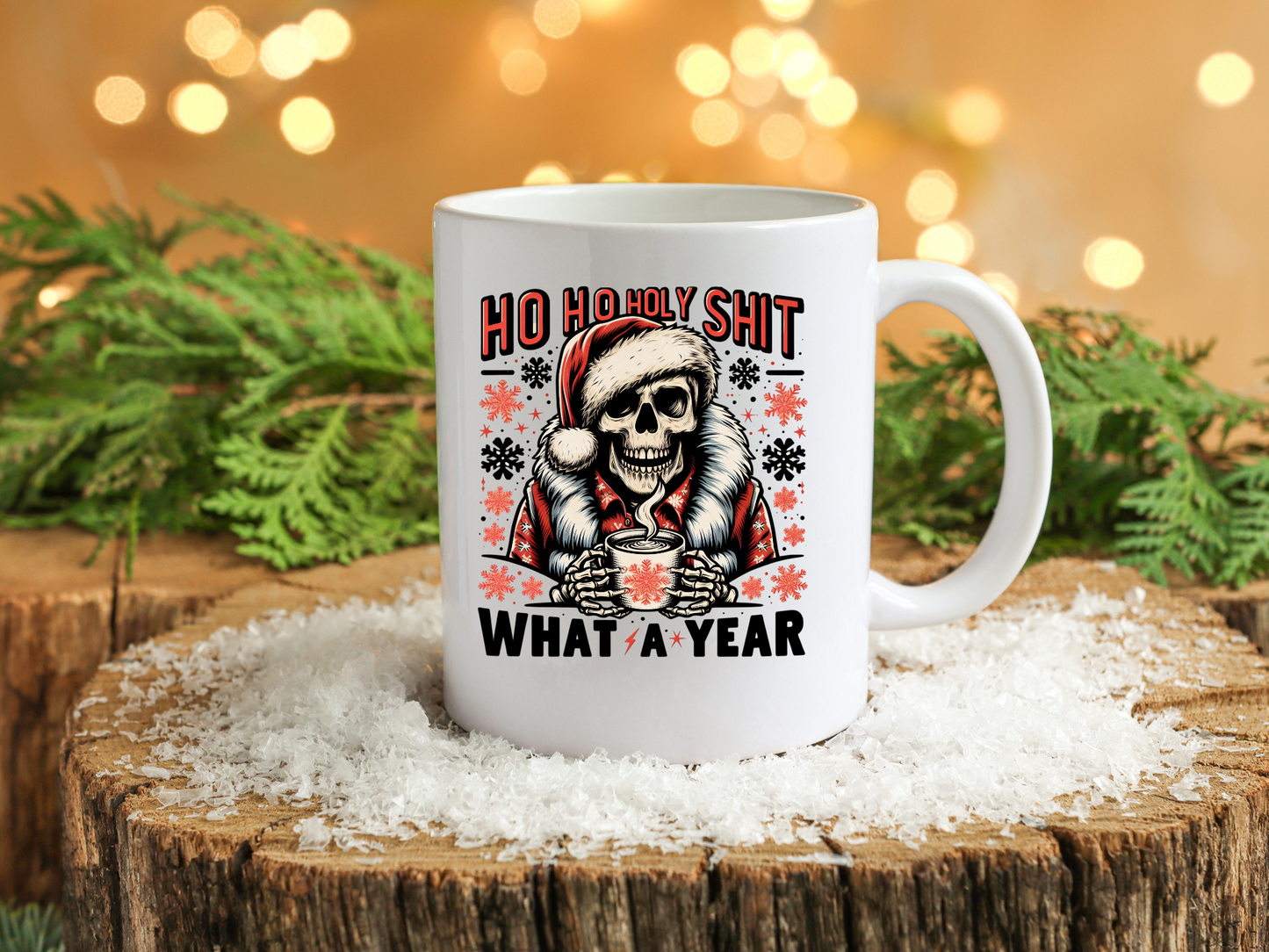 Taza navideña con el mensaje "Qué año es el de Santa Claus"